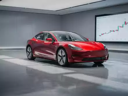 Ein rotes Elektroauto in einem modernen Ausstellungsraum mit einem digitalen Börsenchart, der einen Abwärtstrend zeigt. - Foto: über boerse-global.de
