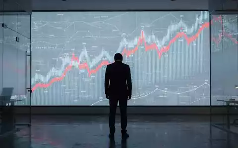 Eine Silhouette betrachtet einen fallenden Börsenchart auf einem digitalen Bildschirm in einem modernen Büro, das negative Stimmung widerspiegelt. - Foto: über boerse-global.de