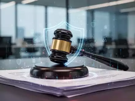 Ein stilisierter moderner Hammer ruht auf juristischen Dokumenten mit digitaler Überlagerung, die Datenschutz und sichere Kommunikation symbolisiert. - Foto: über boerse-global.de
