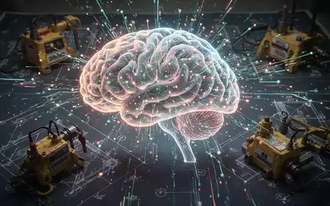 Ein stilisiertes, leuchtendes KI-Gehirn mit Datenströmen, überlagert auf einem Bauplan von industrieller Sicherheitsausrüstung. - Foto: über boerse-global.de