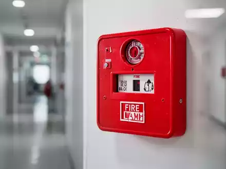 Nahaufnahme einer roten Feueralarm-Zugstation an einer Wand, mit einem unscharfen Flur im Hintergrund, der Brandschutzvorschriften symbolisiert. - Foto: über boerse-global.de