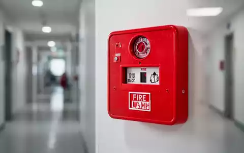 Nahaufnahme einer roten Feueralarm-Zugstation an einer Wand, mit einem unscharfen Flur im Hintergrund, der Brandschutzvorschriften symbolisiert. - Foto: über boerse-global.de
