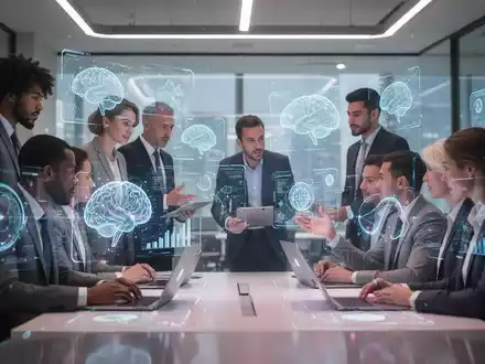 Menschen arbeiten in einem modernen Büro mit holografischen KI-Schnittstellen, die Daten und Konzepte visualisieren. - Foto: über boerse-global.de