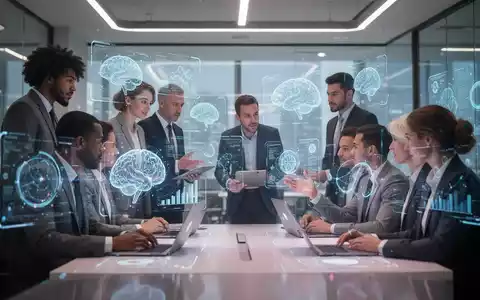 Menschen arbeiten in einem modernen Büro mit holografischen KI-Schnittstellen, die Daten und Konzepte visualisieren. - Foto: über boerse-global.de