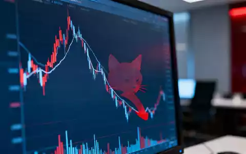 Ein fallender Börsenkursgraph mit dem schemenhaften Umriss einer roten Katze im Hintergrund eines Finanzbüros. - Foto: über boerse-global.de