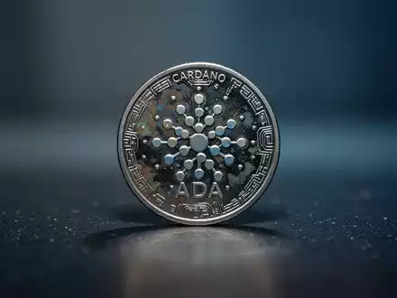 Eine einzelne, angelaufene Cardano (ADA)-Münze liegt auf einer dunklen Oberfläche und spiegelt ein schwaches Licht wider. - Foto: über boerse-global.de