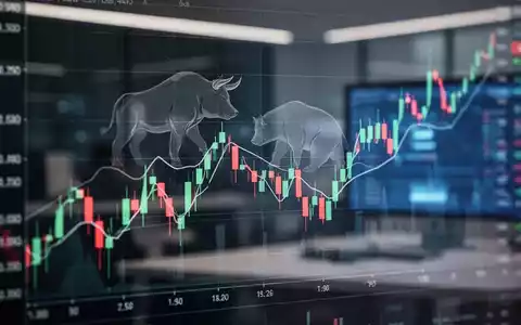 Ein digitaler Aktienchart mit leicht negativem Trend und Silhouetten von Bulle und Bär, im Hintergrund ein unscharfes Büro. - Foto: über boerse-global.de