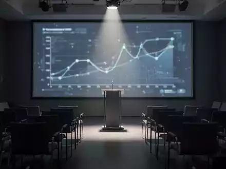 Ein modernes Konferenzzimmer mit einem großen Bildschirm, der einen verschwommenen technologischen Graphen anzeigt, und einem Rednerpult. - Foto: über boerse-global.de