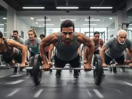Verschiedene Altersgruppen, die Burpees in einem modernen Fitnessstudio ausführen, mit Fokus auf Bewegung und Anstrengung. - Foto: über boerse-global.de