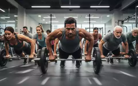 Verschiedene Altersgruppen, die Burpees in einem modernen Fitnessstudio ausführen, mit Fokus auf Bewegung und Anstrengung. - Foto: über boerse-global.de