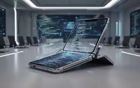 A partially folded smartphone with a luminous screen displaying code, highlighting its innovative design and hinge mechanism. - Foto: über boerse-global.de