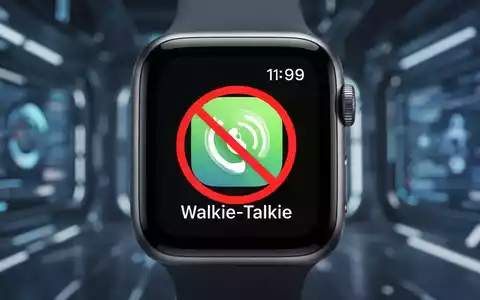 Close-up of an Apple Watch face showing a 'discontinued' icon over a Walkie-Talkie app, signaling its removal. - Foto: über boerse-global.de