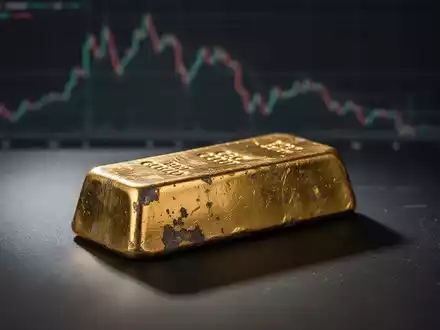 Ein einzelner, leicht angelaufener Goldbarren auf einer dunklen Oberfläche, mit einem unscharfen Finanzchart im Hintergrund, der einen Abwärtstrend zeigt. - Foto: über boerse-global.de