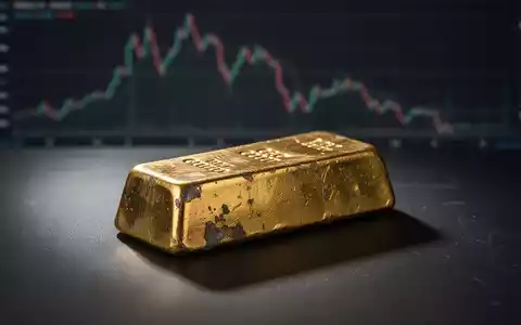 Ein einzelner, leicht angelaufener Goldbarren auf einer dunklen Oberfläche, mit einem unscharfen Finanzchart im Hintergrund, der einen Abwärtstrend zeigt. - Foto: über boerse-global.de