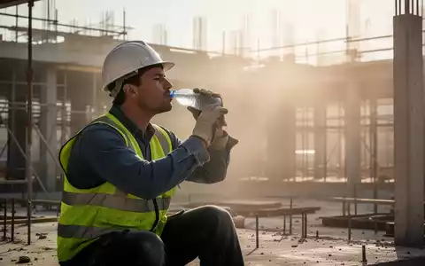 Ein Bauarbeiter in Schutzkleidung macht eine Pause im Schatten auf einer Baustelle, trinkt Wasser. Symbolisiert Hitzeschutz am Arbeitsplatz. - Foto: über boerse-global.de