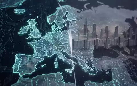 A glowing digital map of Europe with circuit board patterns, visually separated from a blurred representation of the U.S. - Foto: über boerse-global.de