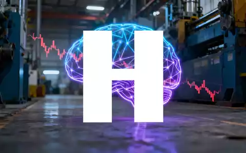 Eine stilisierte KI-Darstellung über einer Fabrikkulisse, mit einem dezenten Abwärtstrend-Diagramm im Hintergrund. - Foto: über boerse-global.de