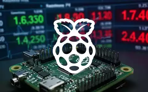 Nahaufnahme einer Raspberry Pi Platine mit unscharfem Börsenticker im Hintergrund, der fallende Zahlen anzeigt. - Foto: über boerse-global.de