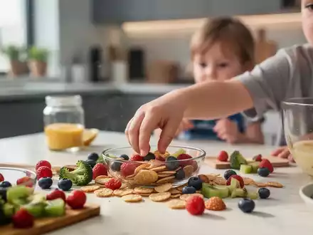 Eine Kinderhand greift nach einem gesunden Snack auf einem Tisch, im Hintergrund verschwommene Küchenelemente. - Foto: über boerse-global.de
