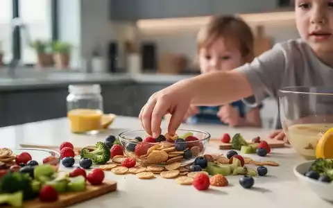 Eine Kinderhand greift nach einem gesunden Snack auf einem Tisch, im Hintergrund verschwommene Küchenelemente. - Foto: über boerse-global.de