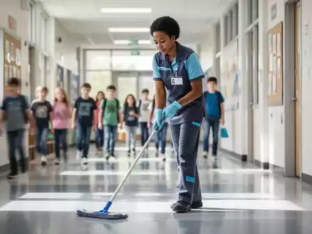 Eine Reinigungskraft putzt einen hellen Schulflur am Tag, mit verschwommenen Schülern im Hintergrund, symbolisiert Wertschätzung und Sichtbarkeit. - Foto: über boerse-global.de