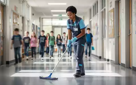 Eine Reinigungskraft putzt einen hellen Schulflur am Tag, mit verschwommenen Schülern im Hintergrund, symbolisiert Wertschätzung und Sichtbarkeit. - Foto: über boerse-global.de
