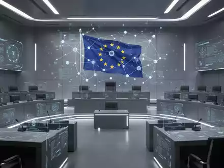 A stylized courtroom or legislative chamber with a holographic projection of data and an EU flag, symbolizing AI regulation. - Foto: über boerse-global.de