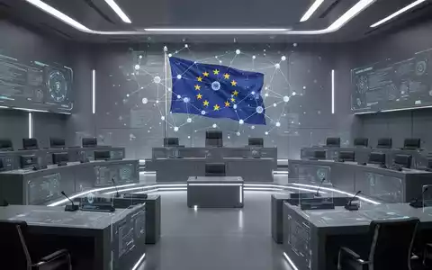 A stylized courtroom or legislative chamber with a holographic projection of data and an EU flag, symbolizing AI regulation. - Foto: über boerse-global.de