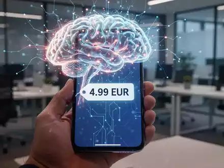 Ein Smartphone zeigt eine Preisanzeige von 4,99 Euro, überlagert von einem stilisierten KI-Netzwerk, in einem modernen Büro. - Foto: über boerse-global.de