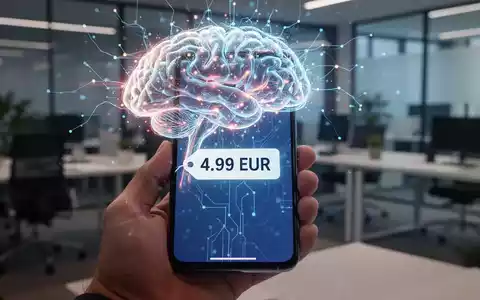 Ein Smartphone zeigt eine Preisanzeige von 4,99 Euro, überlagert von einem stilisierten KI-Netzwerk, in einem modernen Büro. - Foto: über boerse-global.de