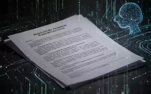 Abstrakte Darstellung eines digitalen Regulierungsrahmens mit Andeutungen von KI-Technologie, die Gesetz und Technologie verbindet. - Foto: über boerse-global.de