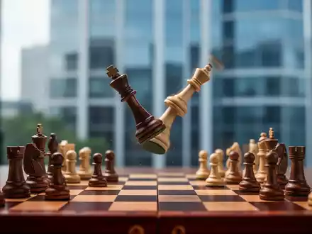 Ein Schachbrett mit einer fallenden Königsfigur, die Vorruhestand und strategische Finanzentscheidungen symbolisiert, vor einem unscharfen Bürogebäude. - Foto: über boerse-global.de