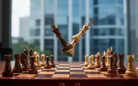 Ein Schachbrett mit einer fallenden Königsfigur, die Vorruhestand und strategische Finanzentscheidungen symbolisiert, vor einem unscharfen Bürogebäude. - Foto: über boerse-global.de