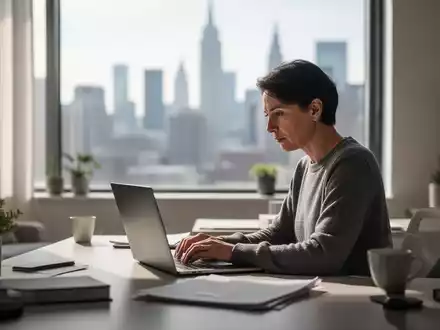 Eine Person arbeitet konzentriert an einem Laptop in einem modernen Homeoffice mit Blick auf eine Stadtkulisse. - Foto: über boerse-global.de