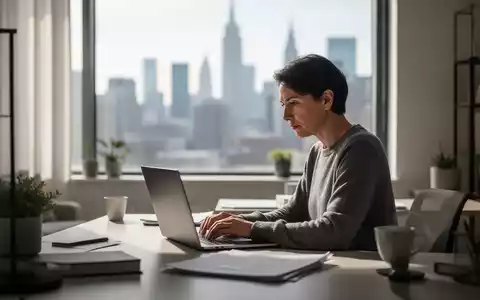 Eine Person arbeitet konzentriert an einem Laptop in einem modernen Homeoffice mit Blick auf eine Stadtkulisse. - Foto: über boerse-global.de