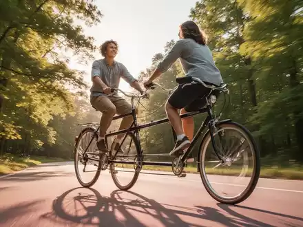 Eine Person auf einem Tandemfahrrad, fährt auf einer Straße mit grünen Bäumen im Hintergrund, was Bewegung und Hoffnung vermittelt. - Foto: über boerse-global.de