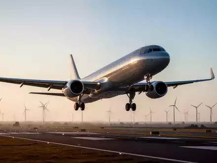 Ein modernes Passagierflugzeug startet bei Sonnenaufgang, im Hintergrund sind Windturbinen zu sehen. - Foto: über boerse-global.de
