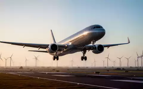 Ein modernes Passagierflugzeug startet bei Sonnenaufgang, im Hintergrund sind Windturbinen zu sehen. - Foto: über boerse-global.de