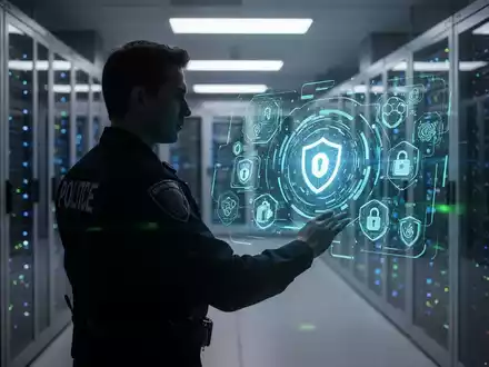 Ein Polizist oder IT-Spezialist vor einem Serverraum, der eine holografische Schnittstelle mit Cyber-Sicherheitskonzepten betrachtet. - Foto: über boerse-global.de