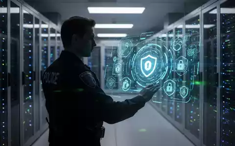 Ein Polizist oder IT-Spezialist vor einem Serverraum, der eine holografische Schnittstelle mit Cyber-Sicherheitskonzepten betrachtet. - Foto: über boerse-global.de