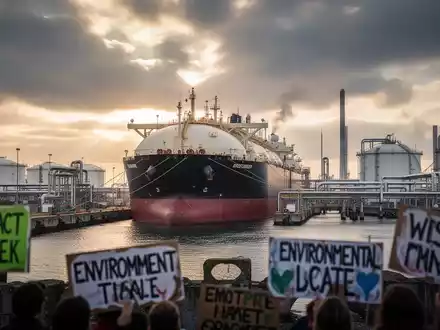 Ein großes LNG-Tankschiff an einem Industrieterminal mit Pipelines und Lagertanks unter dramatischem Himmel, im Vordergrund Protestschilder. - Foto: über boerse-global.de