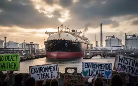Ein großes LNG-Tankschiff an einem Industrieterminal mit Pipelines und Lagertanks unter dramatischem Himmel, im Vordergrund Protestschilder. - Foto: über boerse-global.de