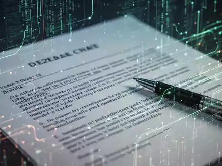 Nahaufnahme eines juristischen Vertragsdokuments mit einem Stift, umgeben von abstrakten digitalen Datenströmen und leuchtenden Linien. - Foto: über boerse-global.de
