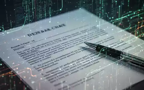 Nahaufnahme eines juristischen Vertragsdokuments mit einem Stift, umgeben von abstrakten digitalen Datenströmen und leuchtenden Linien. - Foto: über boerse-global.de