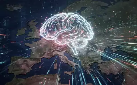 Eine stilisierte, leuchtende neuronale Netz-Gehirn über einer Europakarte, mit digitalen Datenströmen, die darauf zulaufen. - Foto: über boerse-global.de