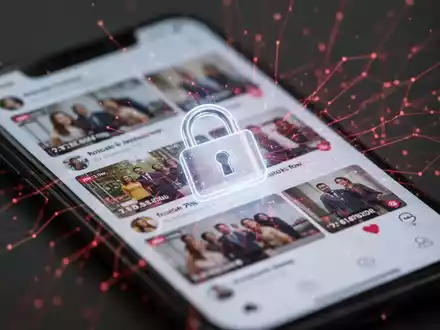 A smartphone displaying a social media feed with a digital padlock and red data lines, symbolizing malware on social media. - Foto: über boerse-global.de