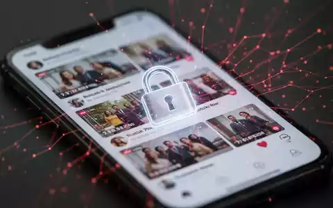 A smartphone displaying a social media feed with a digital padlock and red data lines, symbolizing malware on social media. - Foto: über boerse-global.de