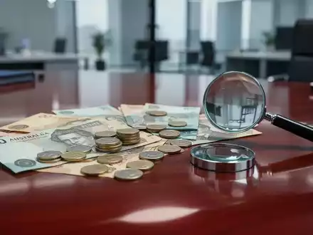 Nahaufnahme von australischen Dollarnoten und Münzen auf einem Schreibtisch mit einer Lupe, die Finanzanalyse symbolisiert. - Foto: über boerse-global.de