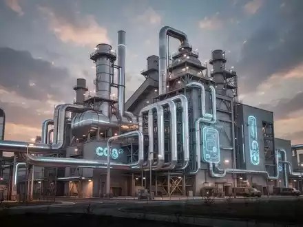Eine futuristische Zementfabrik mit komplexen Rohrsystemen und CO2-Abscheidetechnologie unter einem dramatischen Himmel. - Foto: über boerse-global.de