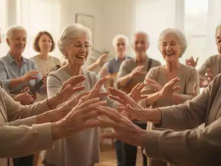 Ältere Menschen nehmen an einer Gruppenaktivität teil, die Musik und sanfte Bewegung kombiniert, mit Fokus auf Hände und Gesichter. - Foto: über boerse-global.de